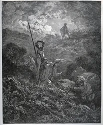 První zjevení Dolu Deguenille-de-la-Malaise – z „“Dona Quijota de la Mancha““ od Miguela Cervantese (1547-1616) (Don Quijote) – dřevořez podle kresby Gustava Dorea