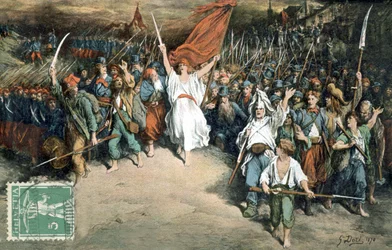 Francouzská republika vedoucí francouzský lid do boje proti Prusům, kresba Gustave Dore (1870), Pohlednice