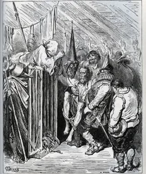 Jak se zbavit Dona Quijota. Lidé z hotelového obchodu se ho rozhodli zavřít tím, že ho přiměli uvěřit v nové kouzlo a nový rytířský test - z „Don Quijote de la Mancha“ od Miguela Cervantese (1547-1616) (Don Quijote) - Dřevoryt po nakreslení