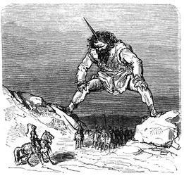 Ilustrace Gustava Doreho (1832-1883) ke knize Ernesta Lepina "La legende de Croquemitaine" (1863) - Obr, který připomíná Gullivera -