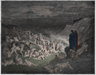 Inferno, Canto 14 : Násilníci, zmučení v ohnivém dešti, ilustrace z "Božské komedie" od Dante Alighieriho