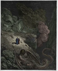 Peklo, zpěv 17: Geryon, symbol klamu, ilustrace z „Božské komedie“ Danteho Alighieriho, 1885