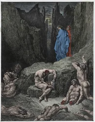 Peklo, zpěv 29: Vergilius kárá Dantovu zvědavost, ilustrace z „Božské komedie“ Danteho Alighieriho, 1885
