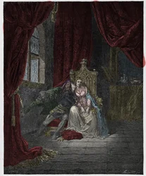 Peklo, zpěv 5: Paolo a Francesca, ilustrace z Božské komedie Danteho Alighieriho, 1885