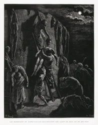 Jabešsko-Gileádští vyzvedávají těla Saula a jeho synů, ilustrace z Bible Doreovy