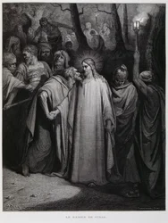 Jidáš zrazuje Ježíše polibkem; ilustrace z Dorého Bible