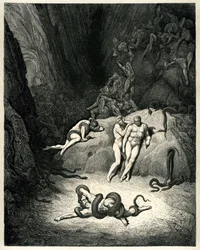Peklo (La divina commedia) by Dante Alighieri illustrated by Gustave Dore. Edition Hachette 1861. Francouzský překlad Pier-Angelo Fiorentino. Gli altri duo riguardavano, e ciascuno - Gridava: O me, Anel, come ti muti! (Ostatní dva se na něj podívali a š