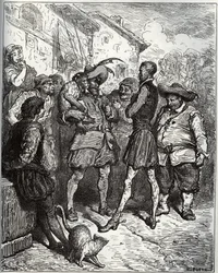 Maese Pedro a věštecká opice - z „Don Quijote de la Mancha“ od Miguela Cervantese (1547-1616) (Don Quijote) - dřevořez podle kresby Gustava Dore