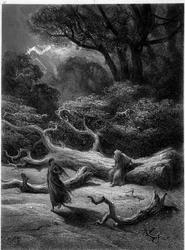 Merlin a Viviane v lese Brocéliande (Cyklus rytířů Kulatého stolu) - ve „Viviane“ od Alfreda Tennysona, ilustrace G. Dorého