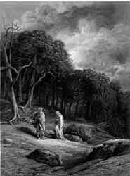 Merlin a Viviane v lese Brocéliande - v „“Viviane““ od Alfreda Tennysona, ilustrace G. Doré