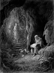 Merlin objevený úředníky krále Artuše v lese Brocéliande (cyklus rytířů Kulatého stolu) - ve Viviane od Alfreda Tennysona, ilustrace G. Dorého