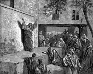 Morestilainen profeetta Miika kertoo israelilaisille Sillä katso, Herra tulee esiin...ja tulee alas ja tallaa maan korkeuksia. Raamattu Miika I:3. Kuvitus Gustave Dore 1865-1856. Puunkaiverrus