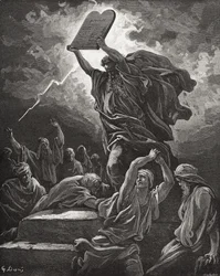 Mojžíš rozbíjí desky Zákona, Exodus 32:19, ilustrace z Dorého 
