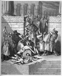 Nabuchodonozor nařizuje zabít syny rebela Sedekiáše – rytina v „The Bible illustree“ od Gustava Dore (1832-1883) – rytina z „“The Dore Bible““““