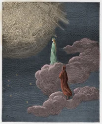 Ráj, zpěv 14: Dante a Beatrice přeneseni do sféry Marsu, ilustrace z „Božské komedie“ od Danteho Alighieriho, 1885
