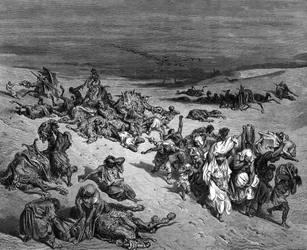 „Pestilence“ jedna ze sedmi ran Egypta: Exodus. Ilustrace Gustave Dore (1832-1883) Francouzský malíř a ilustrátor knih pro Bibli (Londýn 1866). Dřevoryt.