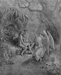 Rafael hovoří s Adamem a Evou. Ilustrace k dílu Johna Miltona „Ztracený ráj“, 1866