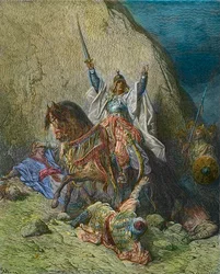 Saladin Nádherný - král Saladin (1138-1193) (Salah al Din Yusuf al-Ayyubi (al Ayyubi), velitel muslimských sil proti křížovým výpravám - barevná rytina z 19. století od Gustava Dorého - z Dějin křížových výprav od Josepha-Françoise Michauda