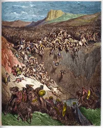 Samson ničí Pelištejce čelistí pažby - Samson zabíjí Pelištejce oslí čelistí - - rytina v „“The Bible illustree““ od Gustava Dore (1832-1883) – Rytina z „“The Dore Bible““