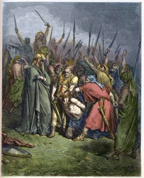 Samuel zabíjí Agaga - Stětí Agaga, krále Amálekovců, prorokem Samuelem - rytina v „Ilustrované bibli“ Gustava Dorého (1832-1883) - rytina z „Dorého bible“