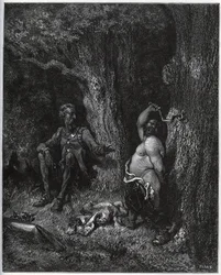 Sancho Panza letí před Donem Quijotem, aby splnil Merlinovo přání a odčaroval tak Dulcinee z Tobosa. Don Quijote na něj naléhá, aby mírnil své nadšení – z „Don Quijote de la Mancha“ od Miguela Cervantese (1547-1616) (Don Quijote) - dřevoryt