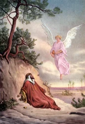 Sada biblických vzdělávacích pohlednic z 50. let , vyrobených podle výtvarného umění: zde podle "Eliáše zachráněného andělem" od Gustava Doreho.