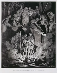 Šadrak, Méšak a Abed-nego v ohnivé peci, ilustrace z Dorého Bible