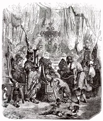 Sindibád námořník (Sindibád) - příběh tisíce a jedné (1001) noci - ilustrace Gustave Dore - Maxwellovo vydání 1865 - Prolog: chudý nosič (Hinbad) se představuje před Sindibádem, který zestárl a zbohatl. Ten mu vypráví své dobrodružství