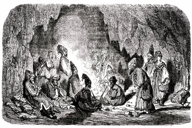 Sindibád námořník (Sindbad) - příběh tisíce a jedné (1001) noci - ilustrace Gustave Dore - Maxwellovo vydání 1865 - První plavba: Sindibád, opuštěný uprostřed moře svými společníky, dorazil na ostrov a v jeskyni se setkal s bledulí.