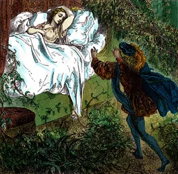"Šípková Růženka" Princ Krasoň se blíží ke krásné spící princezně. Rytina Gustava Doreho (1832-1883) k pohádkám Charlese Perraulta (1628-1703).