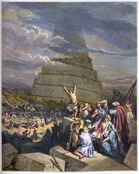 Babylonská věž - Ilustrace Genesis a zmatení jazyků Jahvem. Vpravo král Nimrod, též zvaný Nemrod, rozmlouvá s architekty - rytina v „Ilustrované bibli“ Gustava Dorého (1832-1883) - rytina z „Th“