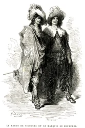 Baron de Sigognac a markýz de Bruyeres. Rytina Gustava Doreho ilustrující román Theophila Gautiera "Le capitaine Fracasse", edice Charpentier 1863.