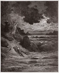 Božská komedie (La Divina Comedia, La Divine Comedie), Purgatorio, Canto 5: Tělo Buonconte da Montefeltro v Arno - od Dante Alighieri (1265-1321) - ilustrace Gustave Dore (1832-1883)