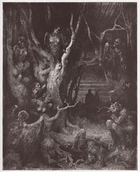 Božská komedie, Peklo, Zpěv 13: Harpyje v lese sebevrahů - Dante Alighieri (1265-1321) - Ilustrace Gustave Doré (1832-1883)