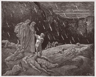 Božská komedie (La Divina Commedia, La Divine Comédie), Peklo, zpěv 15: Brunetto Latini oslovuje Danteho - Dante Alighieri (1265-1321) - ilustrace Gustava Dorého (1832-1883)