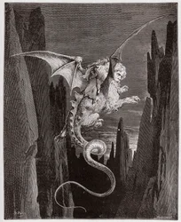 Božská komedie (La Divina Commedia, La Divine Comédie), Peklo, zpěv 17: Sestup do propasti na Geryonově hřbetě - od Danteho Alighieriho (1265-1321) - Ilustrace Gustava Dorého (1832-1883)