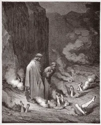 Božská komedie, Peklo, Zpěv 19: Dante kárá papeže Mikuláše III. ve čtvrtém žlebu - od Dante Alighieriho (1265-1321) - Ilustrace Gustava Dorého (1832-1883)