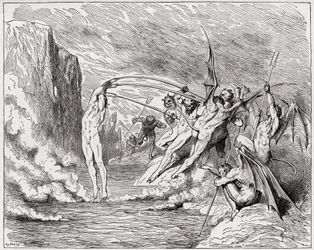 Božská komedie (La Divina Commedia, La Divine Comedie), Inferno, Canto 21: Ďáblové mučí barrátory - Dante Alighieri (1265-1321) - Ilustrace Gustave Dore (1832-1883)