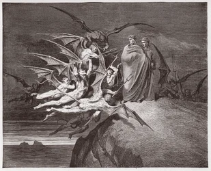 Božská komedie, Peklo, Zpěv 21: Démoni hrozí Vergiliovi - Dante Alighieri (1265-1321) - Ilustrace Gustava Dorého (1832-1883)