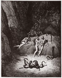 Božská komedie, Peklo, Zpěv 25: Agnello se proměňuje v hada - Dante Alighieri (1265-1321) - Ilustrace Gustava Dorého (1832-1883)