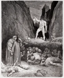 Božská komedie (La Divina Commedia, La Divine Comédie), Peklo, zpěv 28: Uťatá hlava Bertranda de Borna promlouvá k Dantovi - od Danteho Alighieriho (1265-1321) - Ilustrace Gustava Dorého (1832-1883)