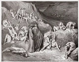 Božská komedie (La Divina Commedia, La Divine Comédie), Peklo, Zpěv 29: Padělatelé a falšovatelé mučení svěděním - od Danta Alighieriho (1265-1321) - Ilustrace Gustava Dorého (1832-1883)