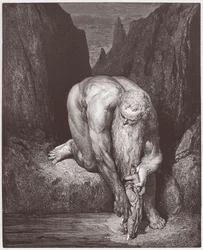Božská komedie (La Divina Commedia, La Divine Comedie), Inferno, Canto 31: Obr Antaeus spouští Danta a Virgila do posledního kruhu - od Dante Alighieri (1265-1321) - Ilustrace Gustave Dore (1832-1883)