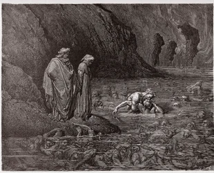 Božská komedie, Peklo, Zpěv 32: Ugolino hryže hlavu arcibiskupa Ruggieriho - Dante Alighieri (1265-1321) - Ilustrace Gustava Dorého (1832-1883)