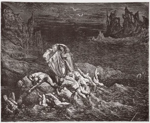 Božská komedie, Peklo, Zpěv 7: Vergilius ukazuje Dantovi duše hněvivých ve Styxu - Dante Alighieri (1265-1321) - Ilustrace Gustava Dorého (1832-1883)