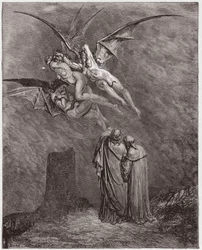 Božská komedie (La Divina Commedia, La Divine Comédie), Peklo, zpěv 9: Odporné Erínye: Megaera, Tisifona, Alecto - od Danteho Alighieriho (1265-1321) - Ilustrace Gustava Dorého (1832-1883)