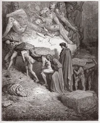 Božská komedie, Očistec, Zpěv 11: Duše pyšných, nesoucí těžké kameny - Dante Alighieri (1265-1321) - Ilustrace Gustava Dorého (1832-1883)