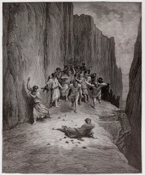Božská komedie (La Divina Commedia, La Divine Comedie), Purgatorio, Canto 15: Danteho vize ukamenování Štěpána - od Dante Alighieriho (1265-1321) - ilustrace Gustave Dore (1832-1883)