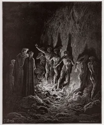 Božská komedie, Purgatorio, Zpěv 25: Smilní procházejí ohněm v sedmém kruhu - Dante Alighieri (1265-1321) - ilustrace Gustava Dorého (1832-1883)
