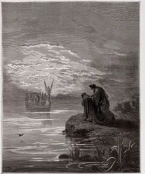 Božská komedie (La Divina Commedia, La Divine Comedie), Purgatorio, Canto 2: Dante se sklání před andělským pilotem - Dante Alighieri (1265-1321) - Ilustrace Gustave Dore (1832-1883)